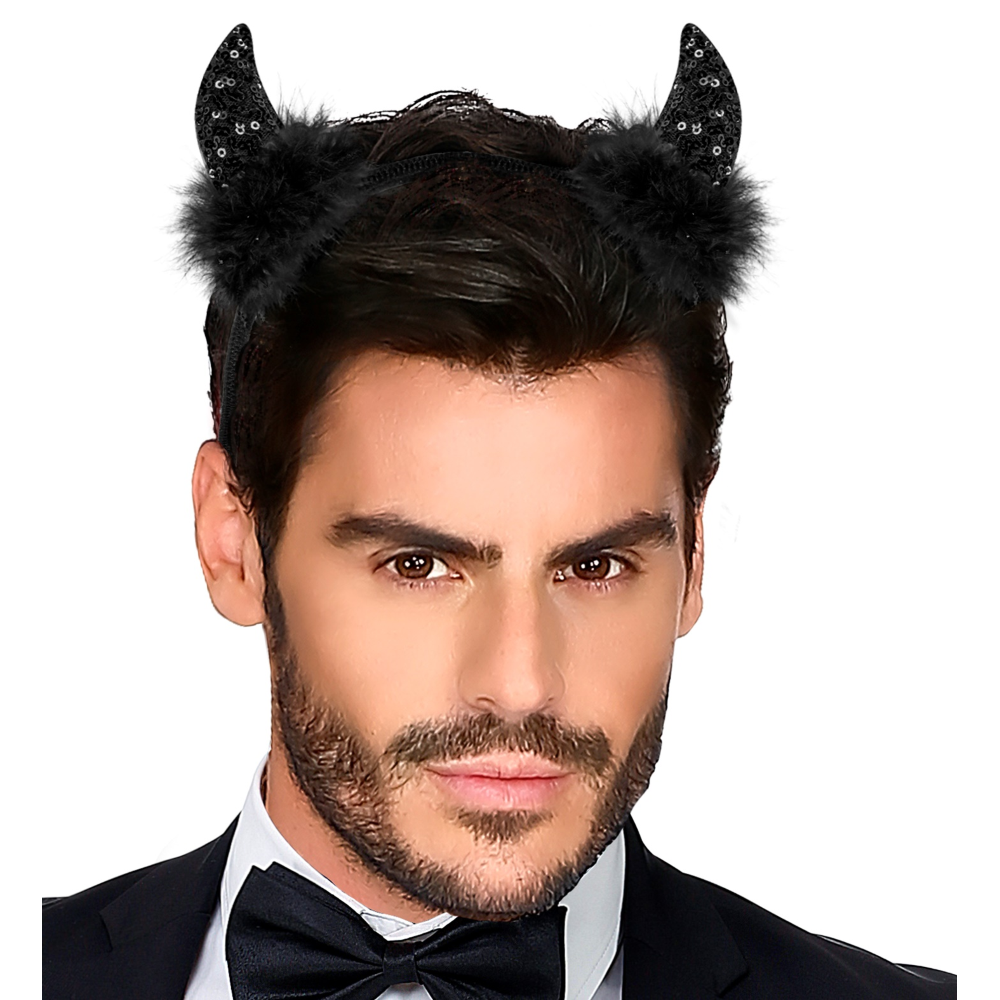 Cerchietto Corna in Paillettes Nere Accessori Travestimento Carnevale Halloween - 03376