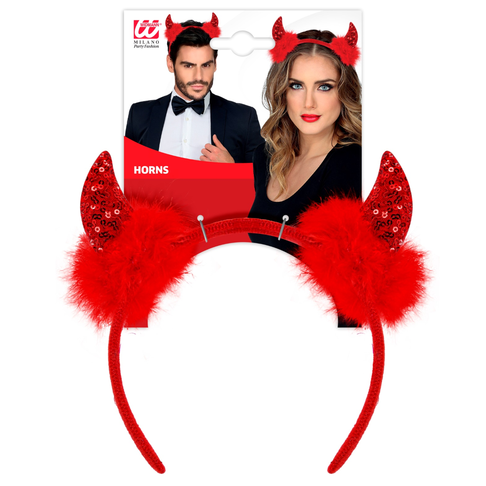 Cerchietto Corna in Paillettes Rosse Accessori Travestimento Carnevale Halloween - 03377