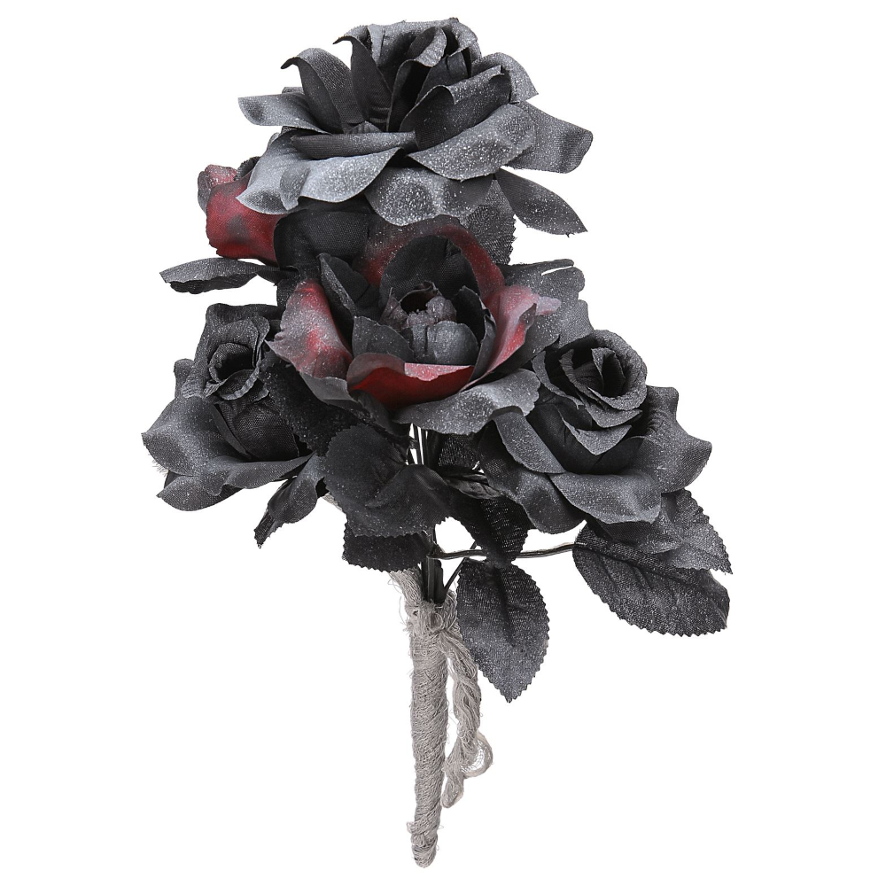 Bouquet Sposa Halloween con Rose Nere e Rosse Accessori Travestimento Carnevale - 03235