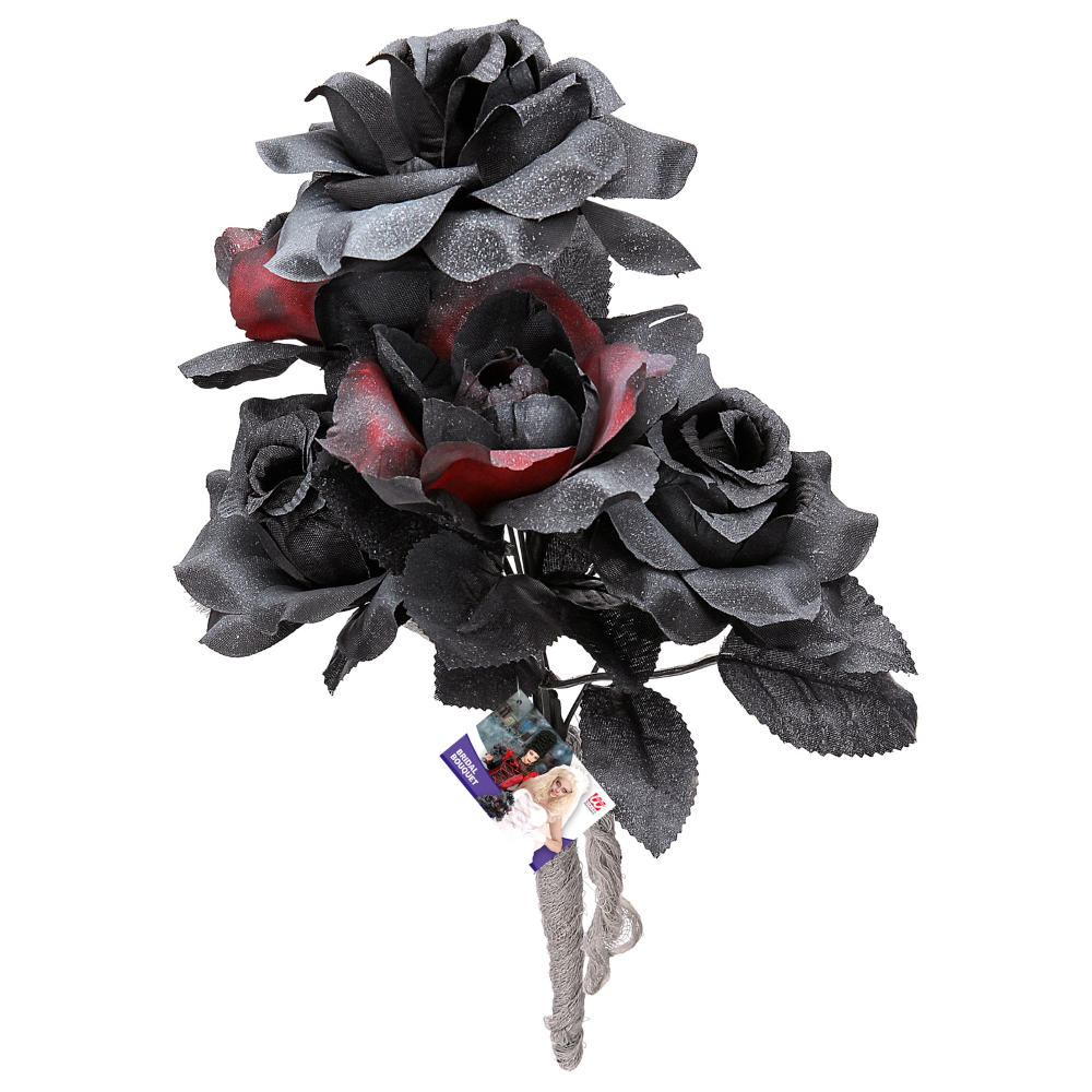 Bouquet Sposa Halloween con Rose Nere e Rosse Accessori Travestimento Carnevale - 03235