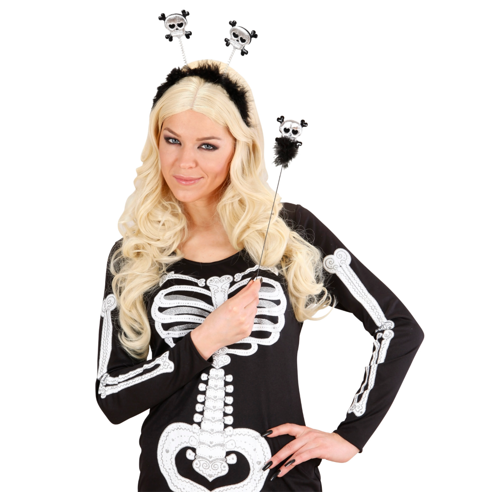 Set Cerchietto e Bacchetta Teschio con Ossa Accessori per Travestimento Carnevale Halloween - 1787k