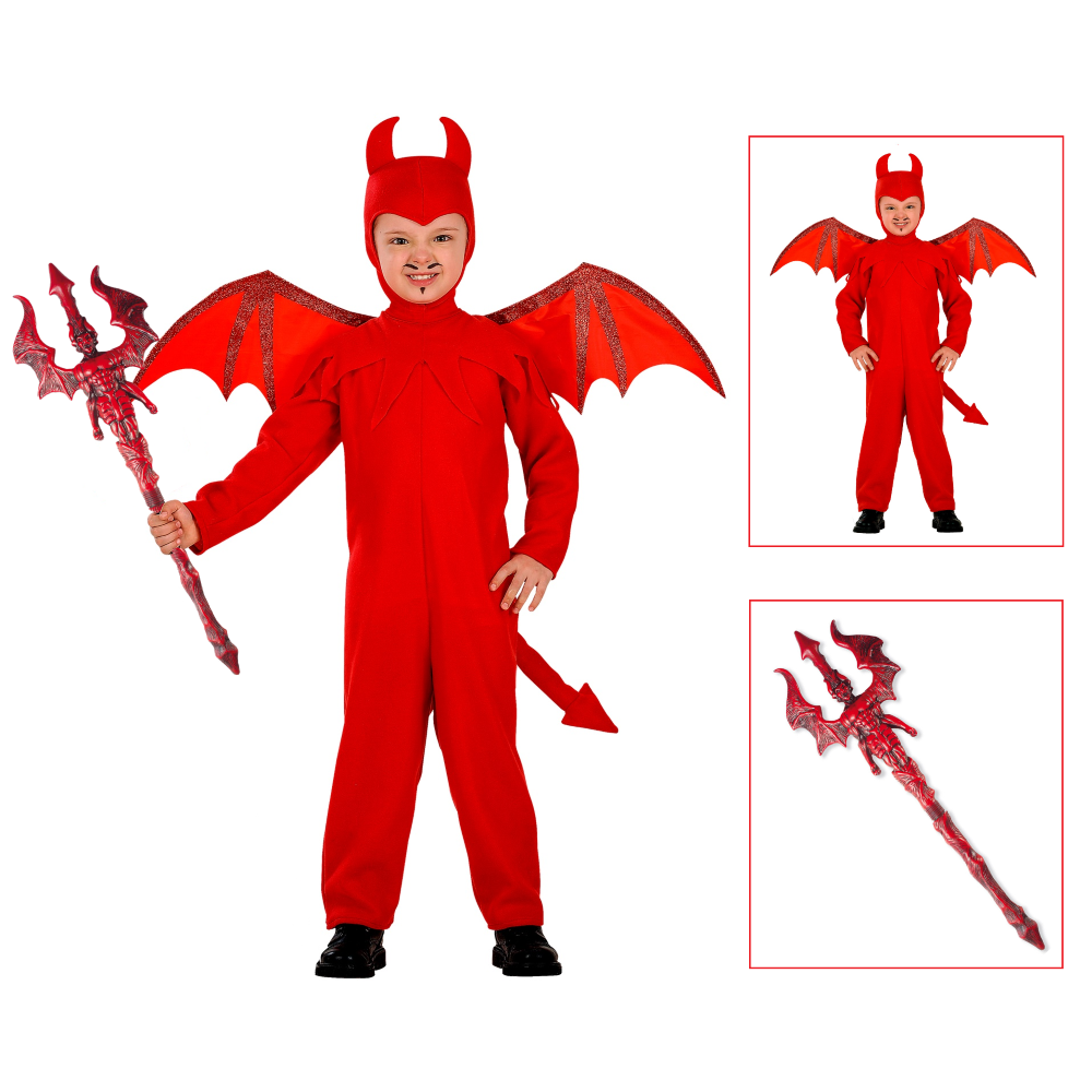 Vestito Carnevale con Accessori Diavolo Tridente Travestimento Halloween Bambino 3/4 Anni - 4192+6976d