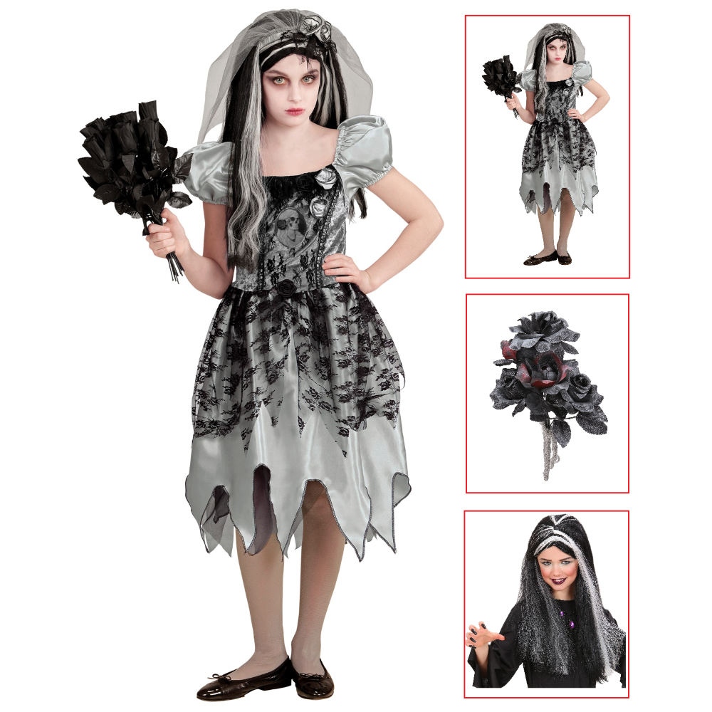 Costume con Accessori Sposa Spettrale Vestito Bouquet Parrucca Travestimento Halloween Bambina 5/7 Anni - 0546+03235+6279s
