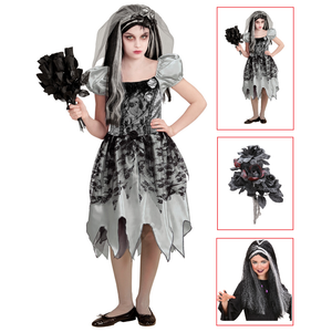 Costume con Accessori Sposa Spettrale Vestito Bouquet Parrucca Travestimento Halloween Bambina 11/13 Anni - 0546+03235+6279s