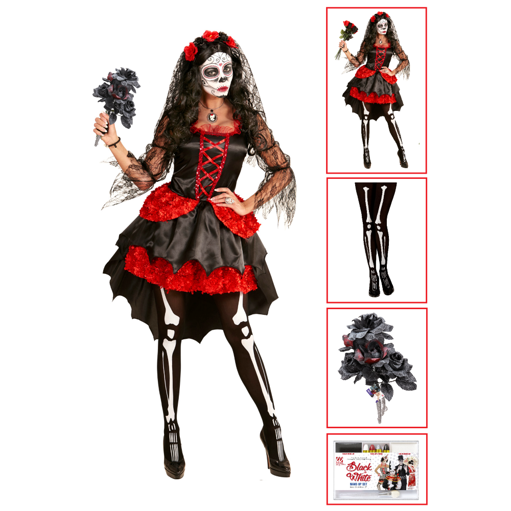 Costume con Accessori Sposa Dia De Los Muertos Calze Trucco Bouquet Travestimento Halloween M - 0611+01307+03235+02409