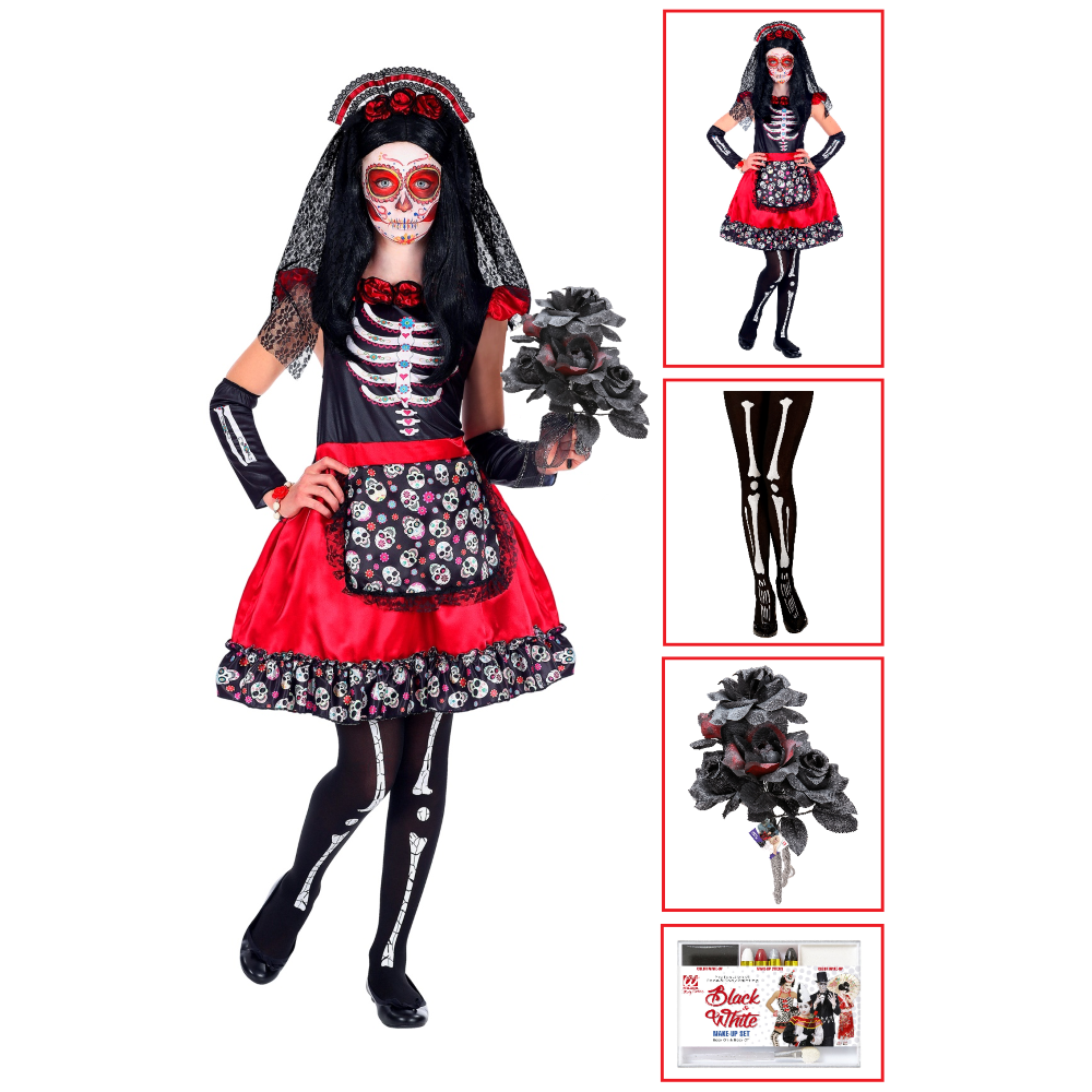 Costume con Accessori Mujer Dia De Los Muertos Vestito Bouquet Calze Trucco Travestimento Halloween 5/7 Anni - 0691+03235+30018+02409
