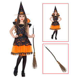 Costume con Accessori Strega Vestito Cappello Scopa Storta Travestimento Halloween 4/5 Anni - 0708+9835w