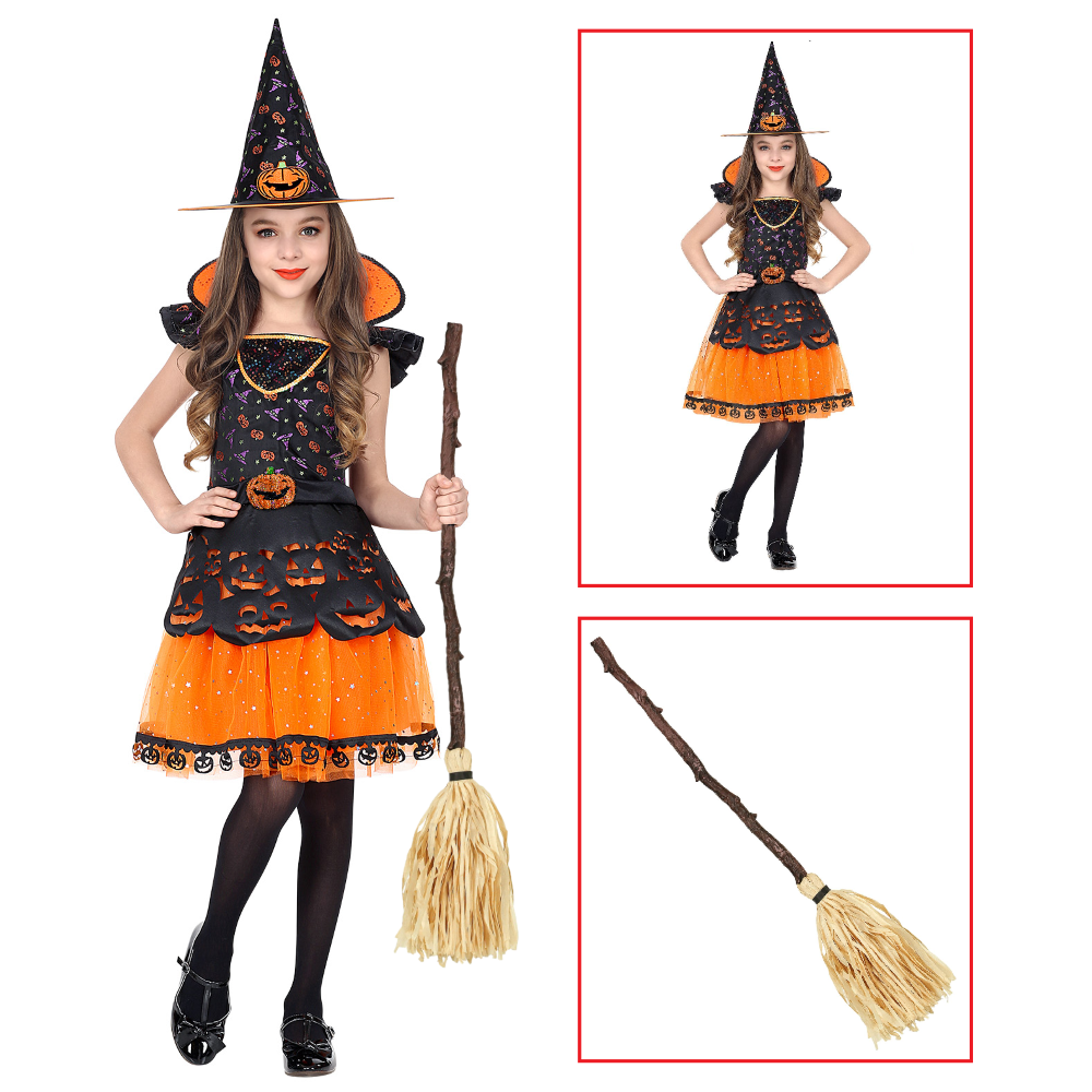 Costume con Accessori Strega Vestito Cappello Scopa Storta Travestimento Halloween 4/5 Anni - 0708+03231