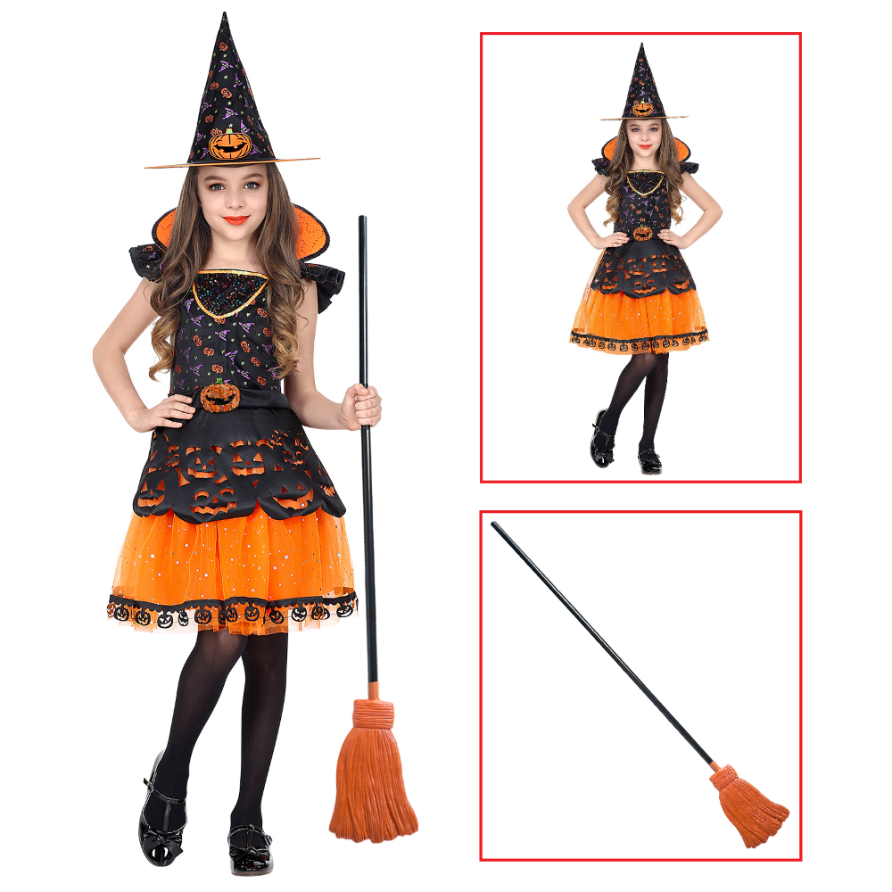 Costume con Accessori Strega Vestito Cappello Scopa Storta Travestimento Halloween 8/10 Anni - 0708+2133w