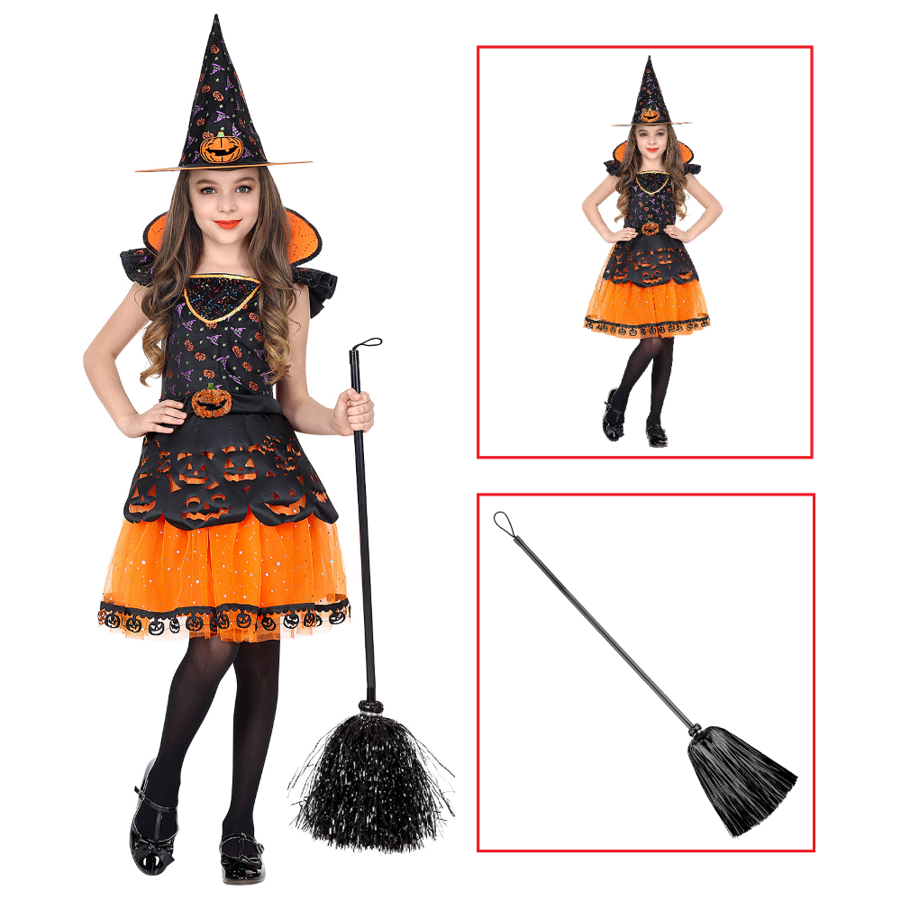 Costume con Accessori Strega Vestito Cappello Scopa Travestimento Halloween 5/7 Anni - 0708+52782