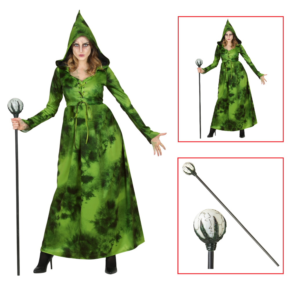Costume con Accessori Strega Della Foresta Abito con Cappuccio Bastone Magico 122 CM Travestimento Halloween XL - 1071+52815