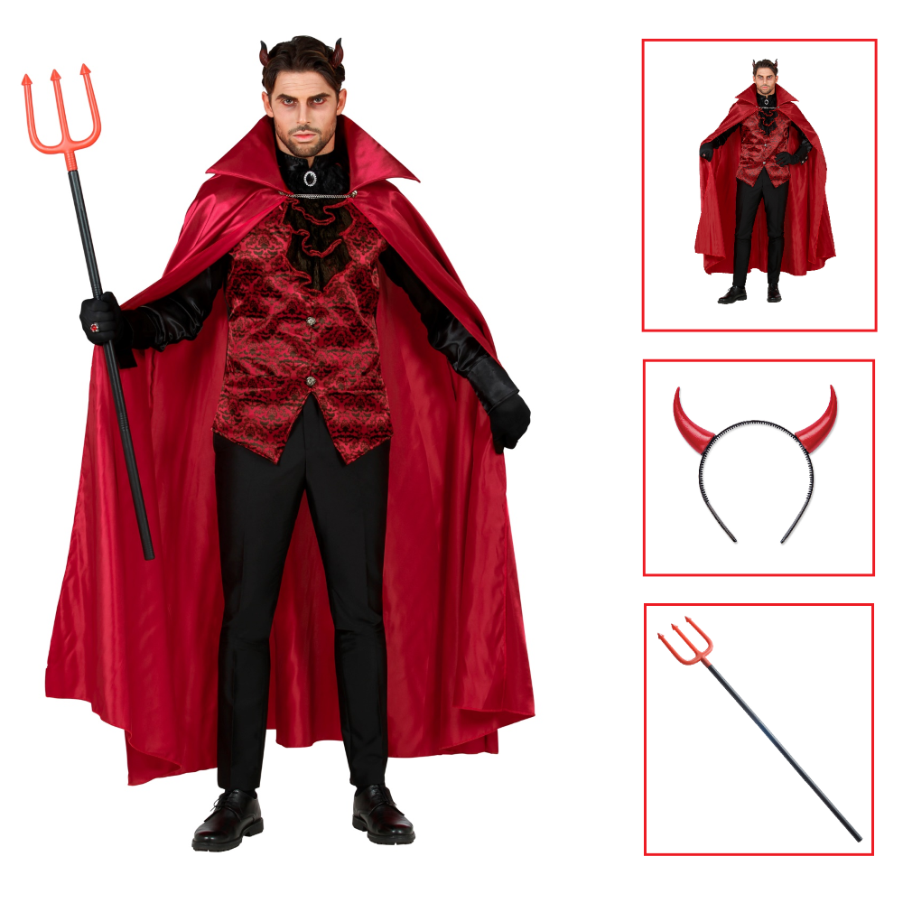 Costume con Accessori Diavolo Abito Corna Tridente Travestimento Halloween Adulto M/l - 1174+5483c+5279d