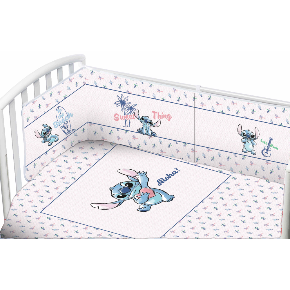 Completo Lettino Culla Stitch DISNEY 4 Pezzi Federa Paracolpi Piumino e Copripiumino - Ql0452wd