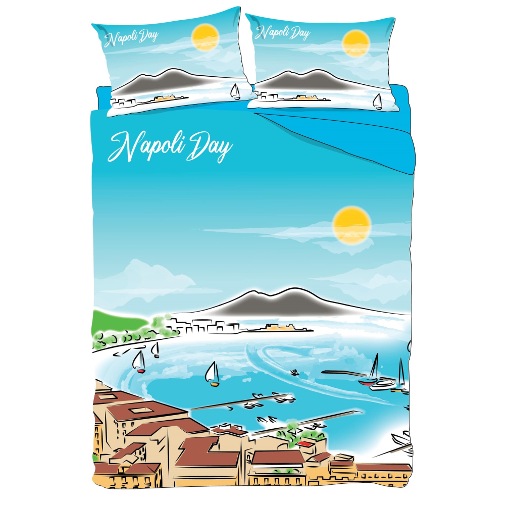 Completo Lenzuola Matrimoniali Golfo di Napoli di Giorno Set Lenzuola Federe 100% Cotone - Nap-1027