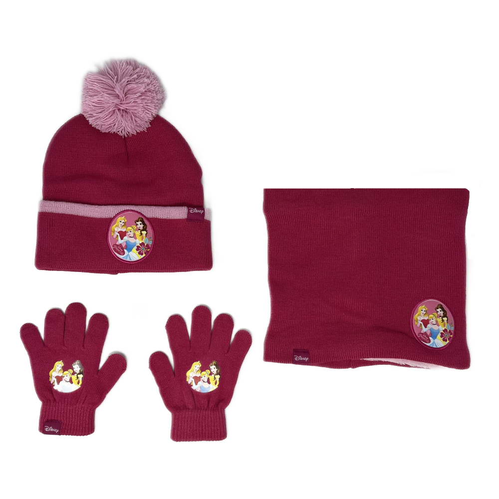 Cappello Invernale con Pon Pon Scaldacollo Guanti Principesse DISNEY 3 Pz Taglia Unica - Pri23-2474fuxia