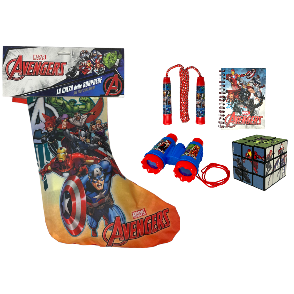 Calza Della Befana con Accessori Avengers MARVEL Calzettone con 4 Giochi per Bambini - Av1012