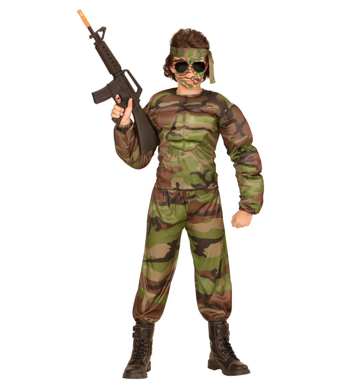 Vestito Carnevale + Accessori Super Soldato Muscoloso Costume Kalashnikov Trucco 5/7 Anni Travestimento - 0051+2781g+02412