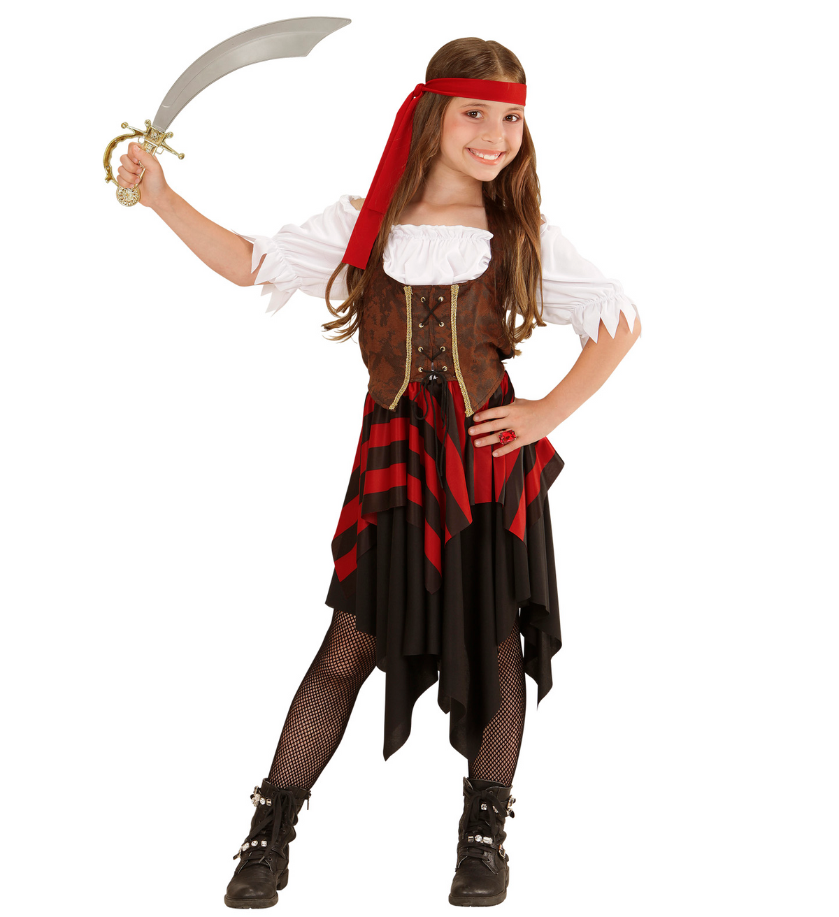 Vestito Carnevale + Accessori Piratessa Vestito Sciabola Calze 4/5 Anni Travestimento - 0559+7007b+4750r