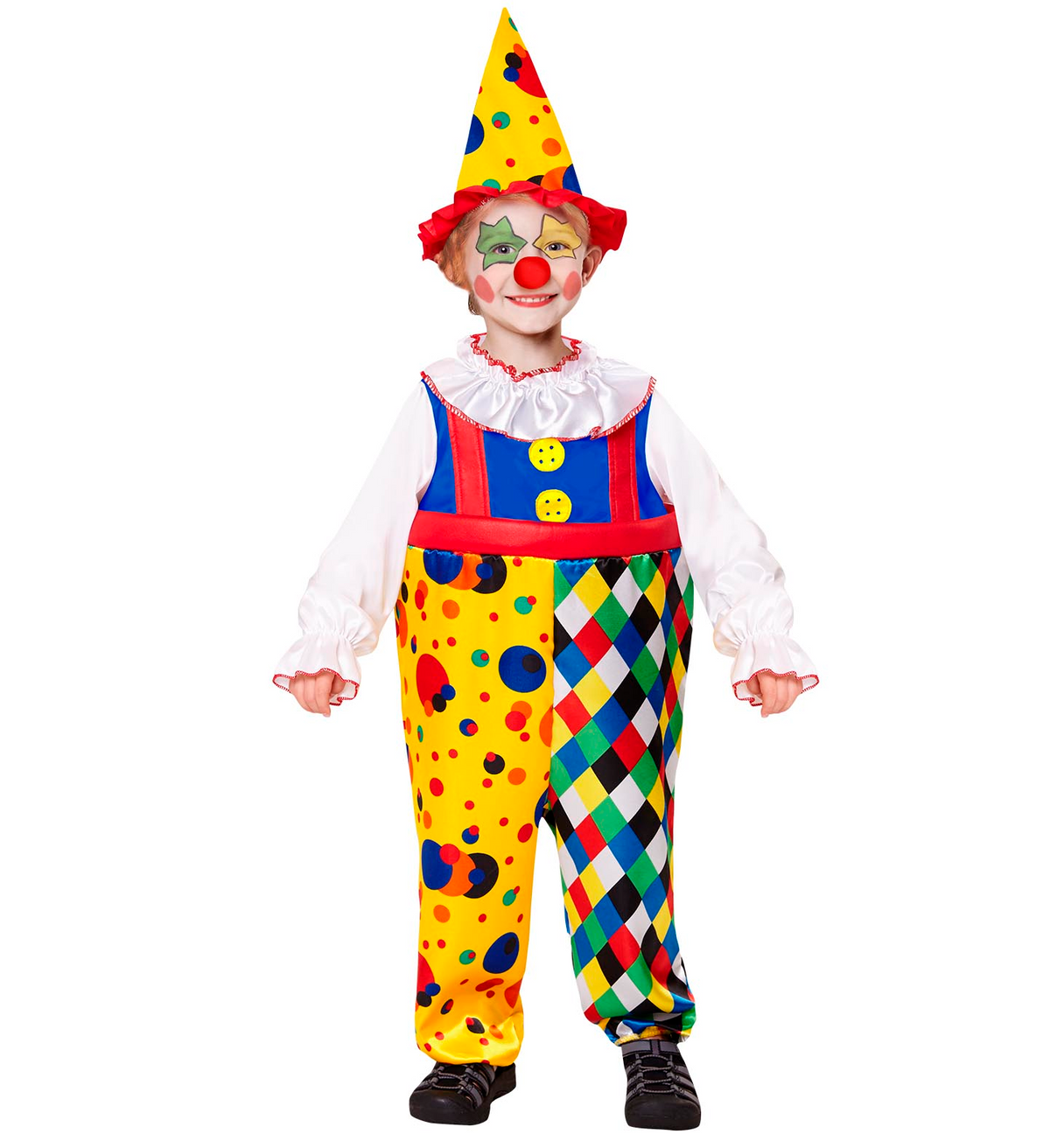 Vestito Carnevale + Accessori Clown Costume Cappello Set Trucco con Naso 4/5 Anni Travestimento - 0755+4044n