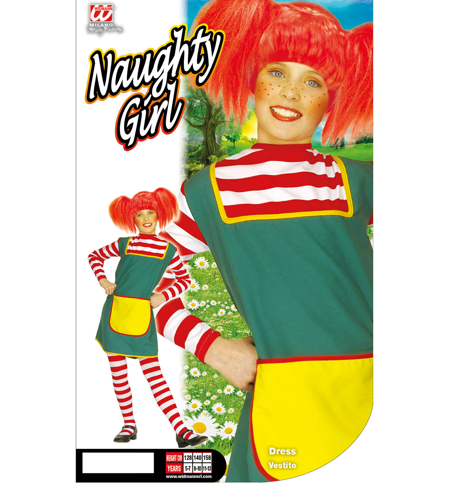 Vestito Carnevale + Accessori Naughty Girl Pippi Costume Parrucca Calze 11/13 Anni Travestimento - 3607+01234+6288m