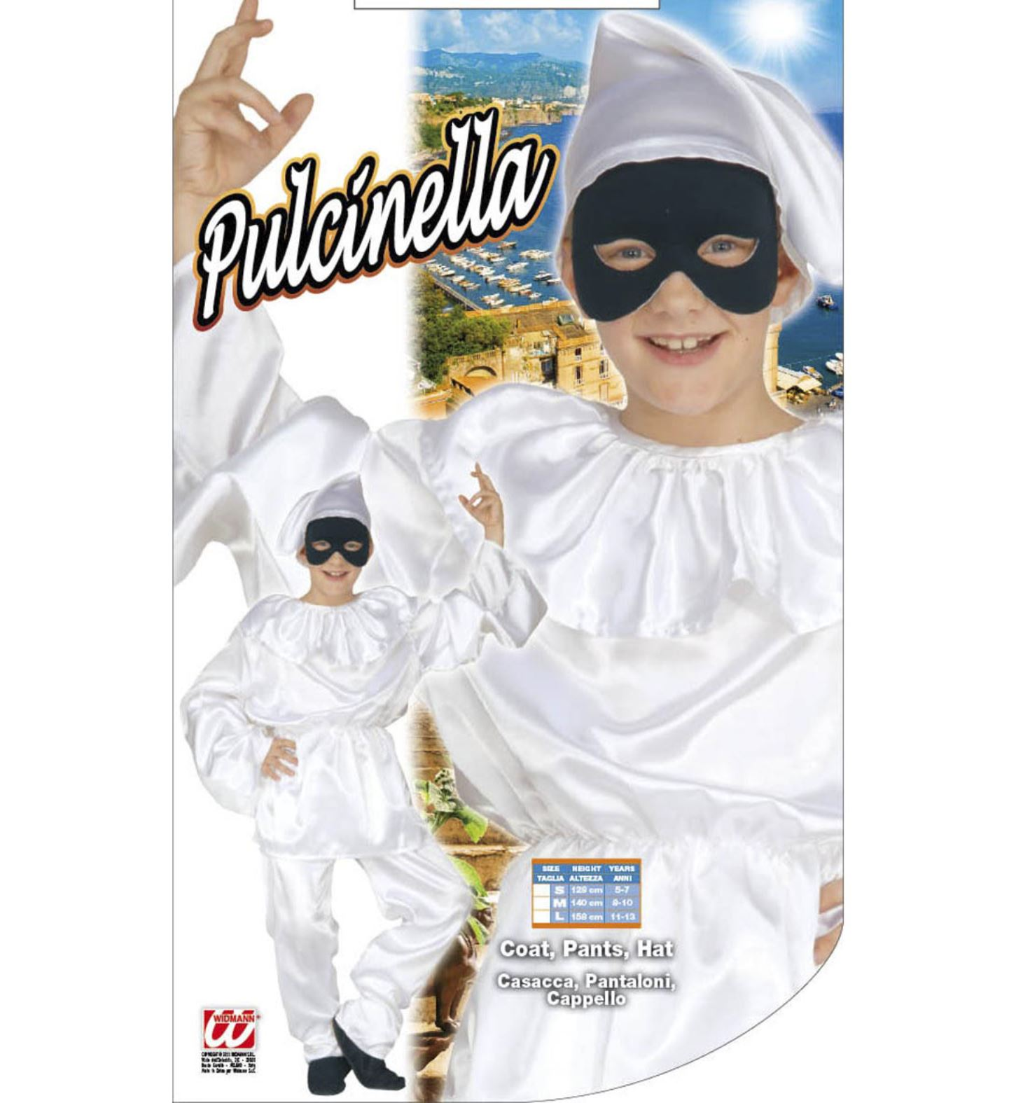 Vestito Carnevale + Accessori Pulcinella Costume Maschera Travestimento (8/10 Anni)
