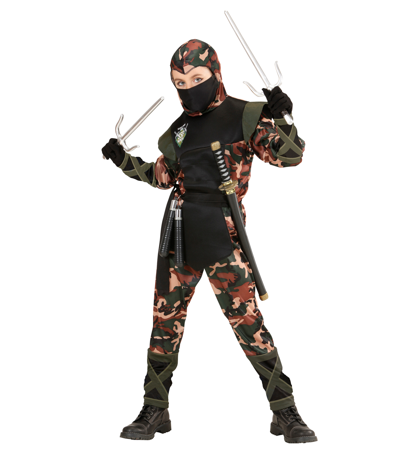 Vestito Carnevale + Accessori Soldato Ninja Costume Nunchaku Spada Sai Spada Giapponese Ninja con Fodero 5/7 Anni Travestimento - 7652+6766n+8711s+2728q