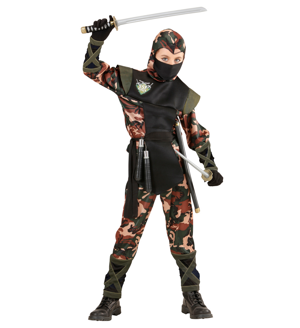 Vestito Carnevale + Accessori Soldato Ninja Costume Nunchaku Spada Sai Spada Giapponese Ninja con Fodero 11/13 Anni Travestimento - 7652+6766n+8711s+2728q
