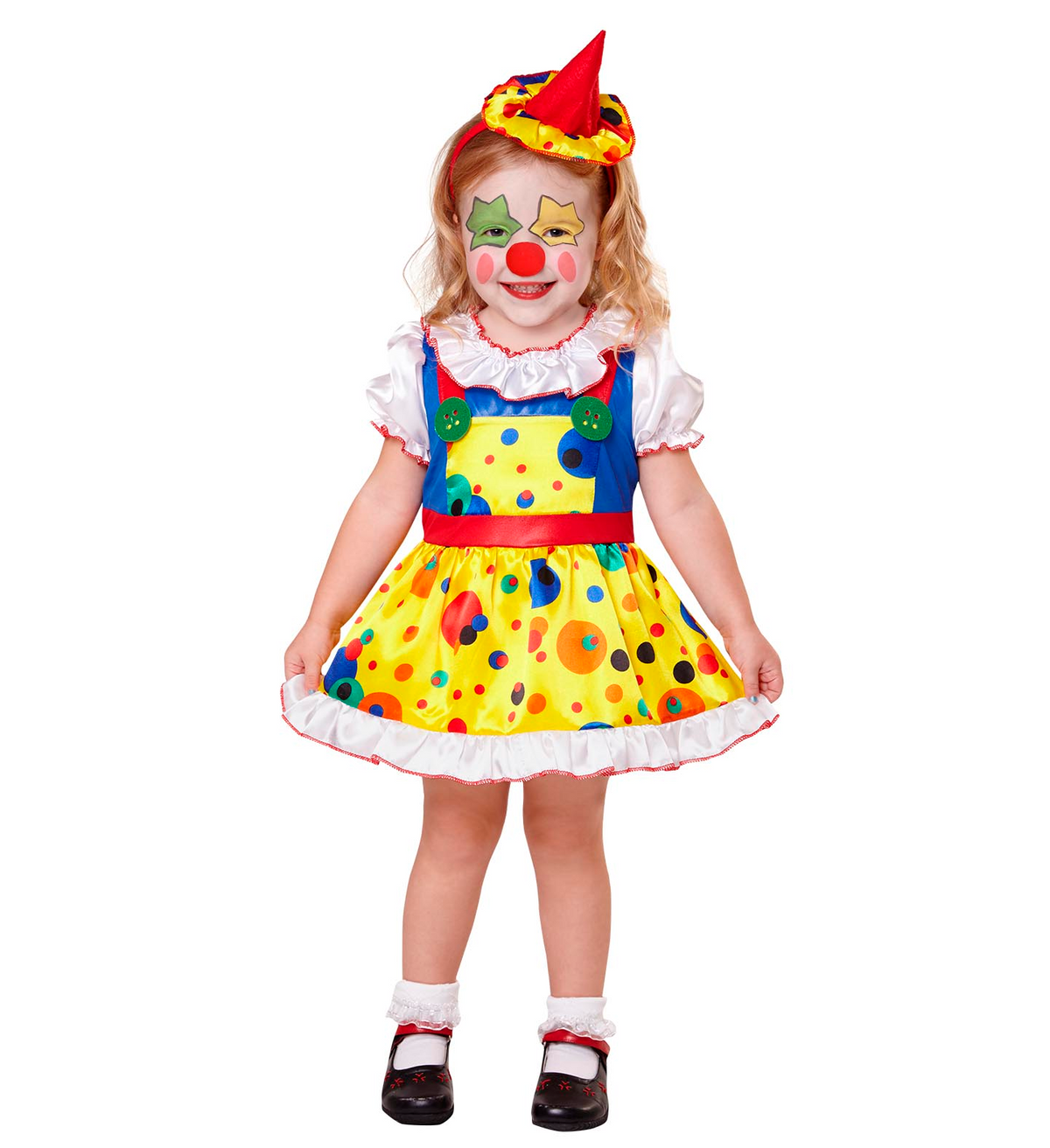 Vestito Carnevale + Accessori Clown Girl Costume Mini Cappello Set Trucco con Naso 2/3 Anni Travestimento - 0754+4044n