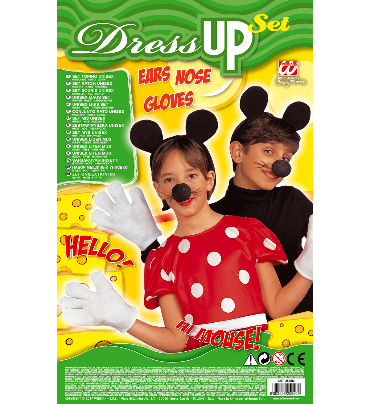 Set Travestimento Topolino Orecchie Naso Guanti Accessori Abito Vestito Carnevale Bambino