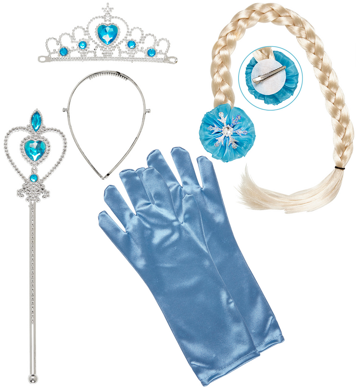 Set Principessa Delle Nevi Corona Bacchetta Guanti Treccia Accessori Abito Vestito Carnevale Bambina