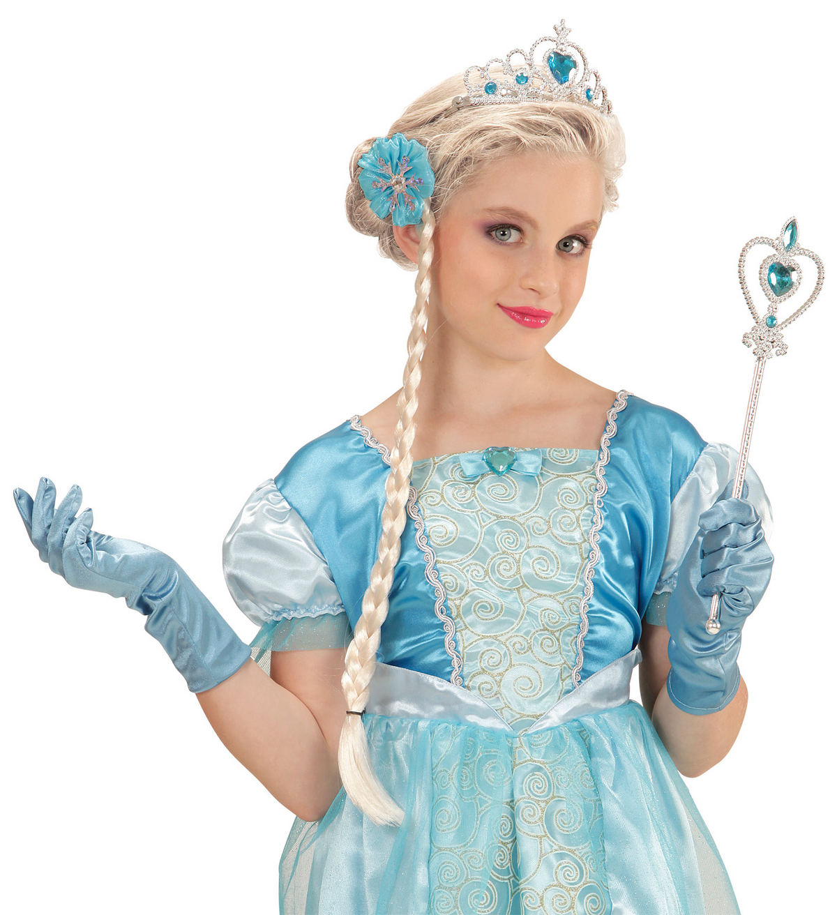 Set Principessa Delle Nevi Corona Bacchetta Guanti Treccia Accessori Abito Vestito Carnevale Bambina