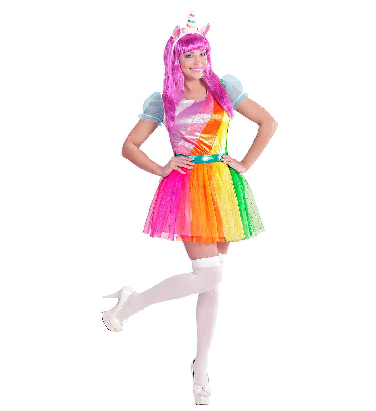 Vestito Carnevale + Accessori Unicorno Abito Copricapo Parrucca Travestimento (xs)