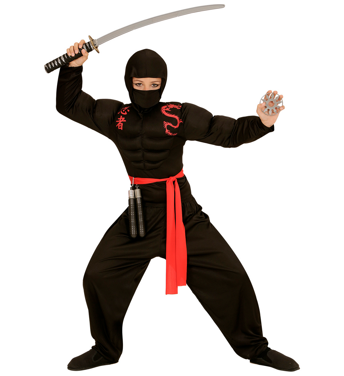 Vestito Carnevale + Accessori Super Ninja Muscoloso Costume Set Armi 5/7 Anni Travestimento - 0052+01205