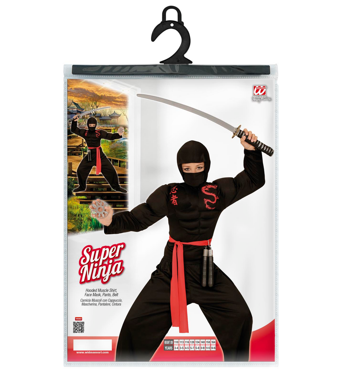Vestito Carnevale + Accessori Super Ninja Muscoloso Costume Spada Giapponese 8/10 Anni Travestimento - 0052+2727n