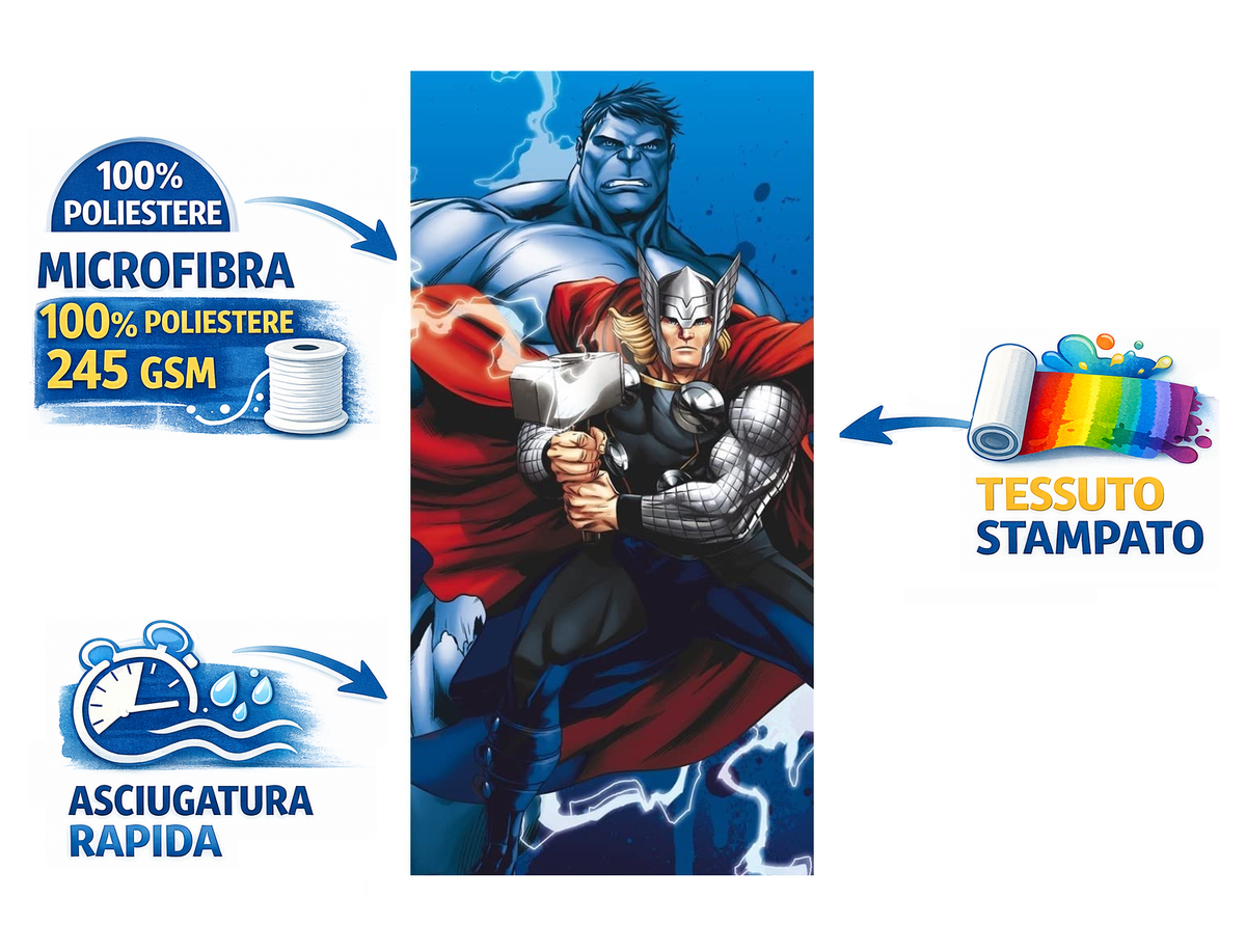 Telo Mare Avengers Thor Asciugamano MARVEL in Microcotone Cm. 140x70 - 50288