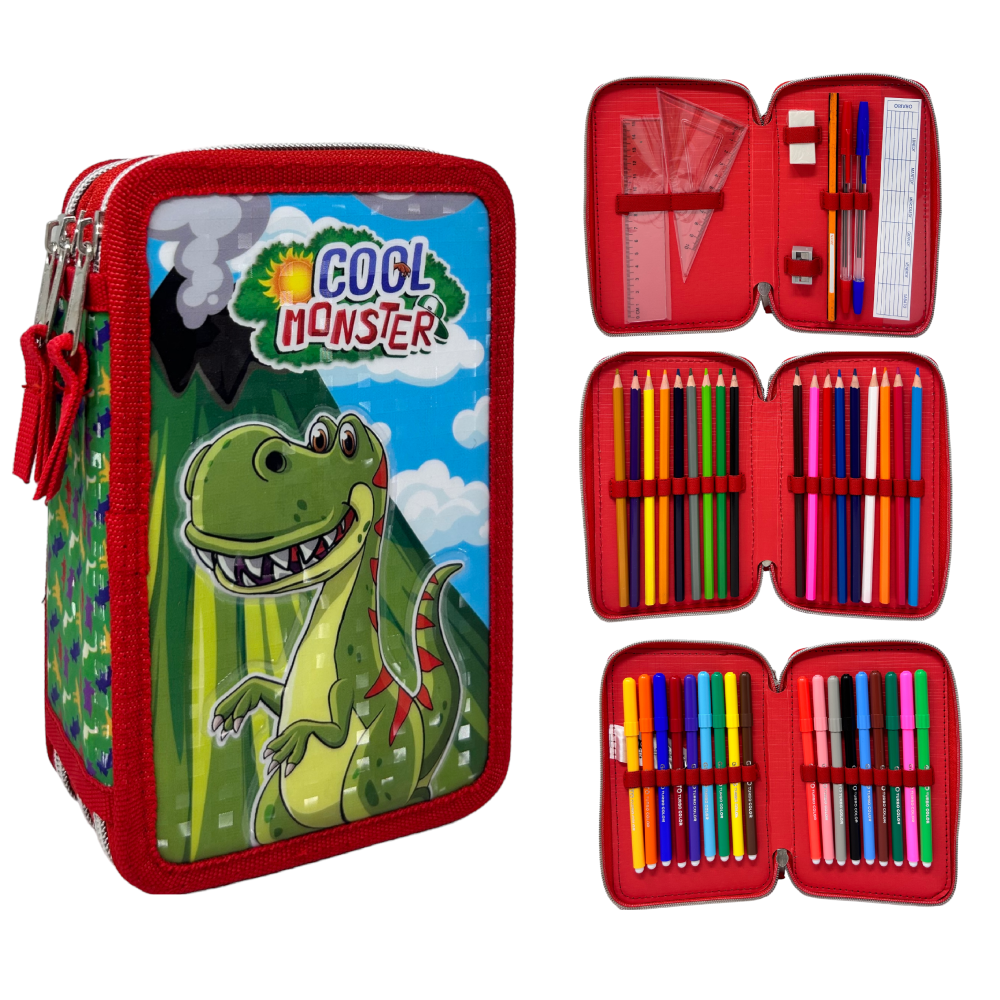 Astuccio Scuola 3d Dinosauri Cool Monster Multiscomparto 3 Zip Portacolori Pennarelli Giotto - Din0972
