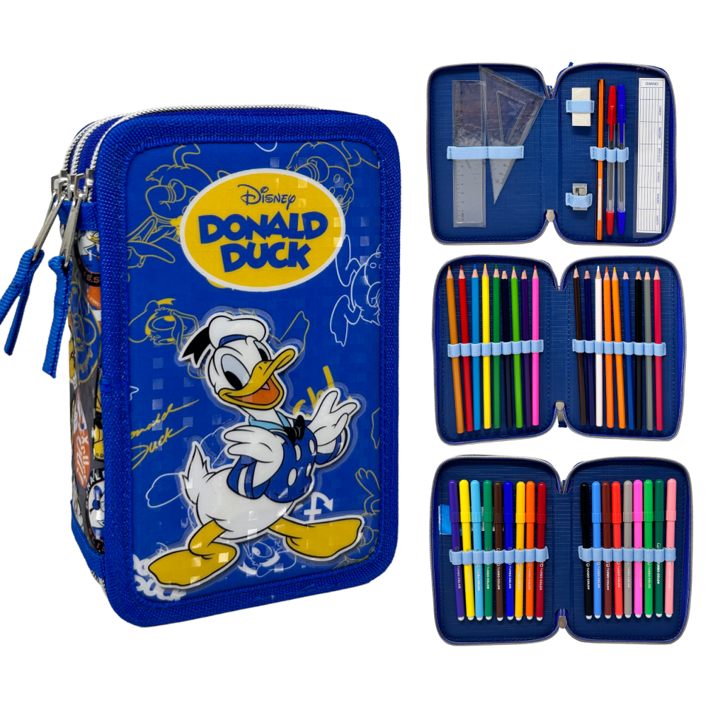 Astuccio Scuola 3d Paperino Donald DISNEY Multiscomparto 3 Zip Portacolori Pennarelli Giotto - Dd0972