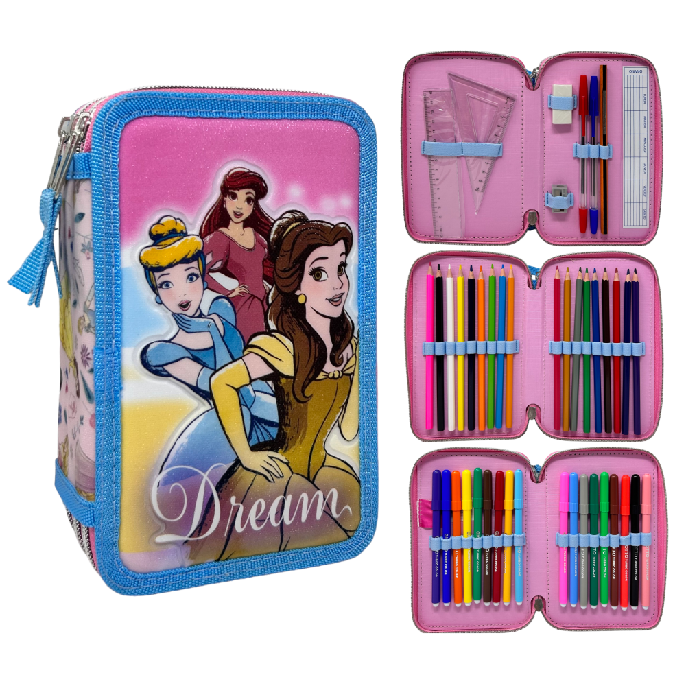 Astuccio Scuola 3d Principesse DISNEY Multiscomparto 3 Zip Portacolori Pennarelli Giotto - Pr0972