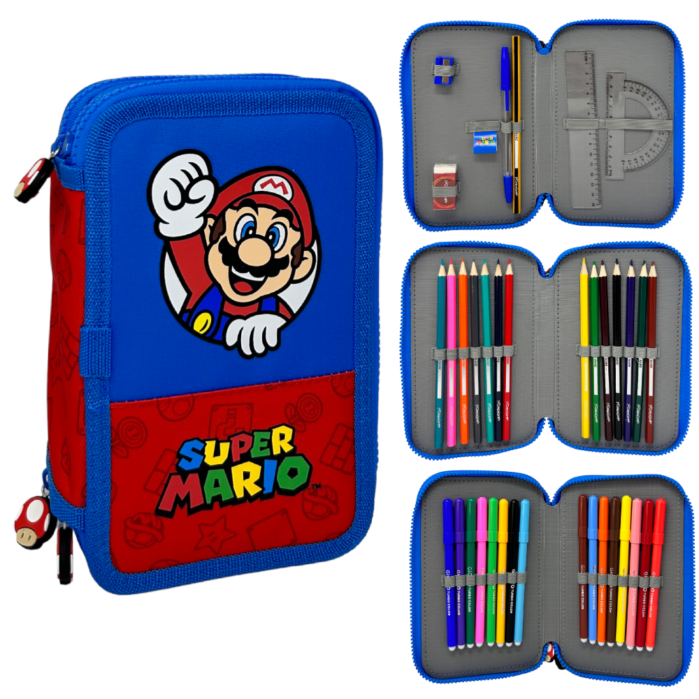 Astuccio 3 Zip Scuola Super Mario Multiscomparto Portacolori Giotto - 41210