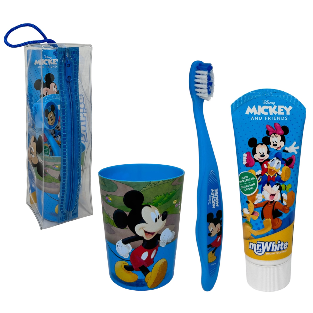 Set Accessori Cura Igiene Orale Topolino DISNEY 4 Pezzi con Pochette