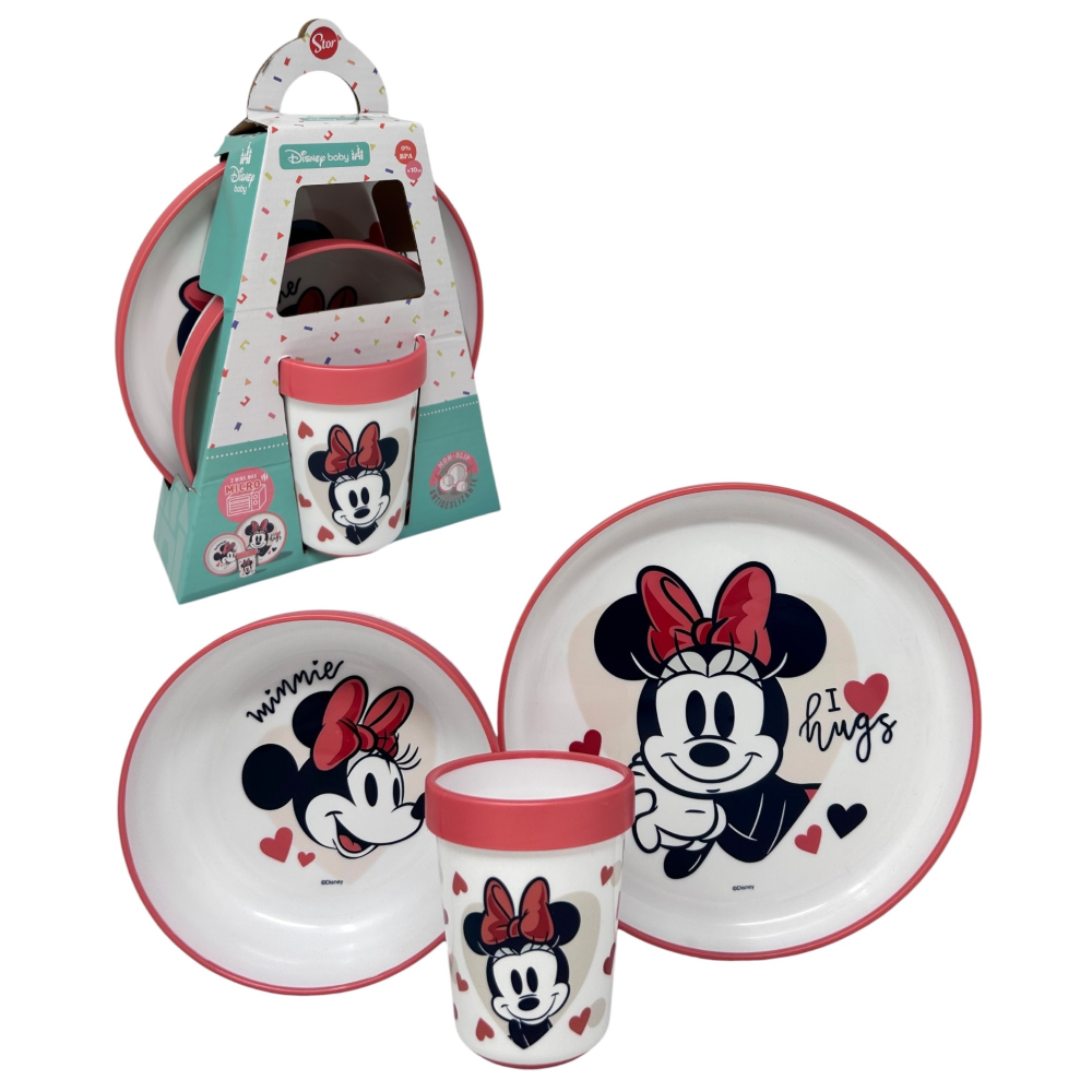 Set Pappa Minnie DISNEY 3 Pezzi Stoviglie in Plastica con Silicone Antiscivolo Adatta Al Microonde