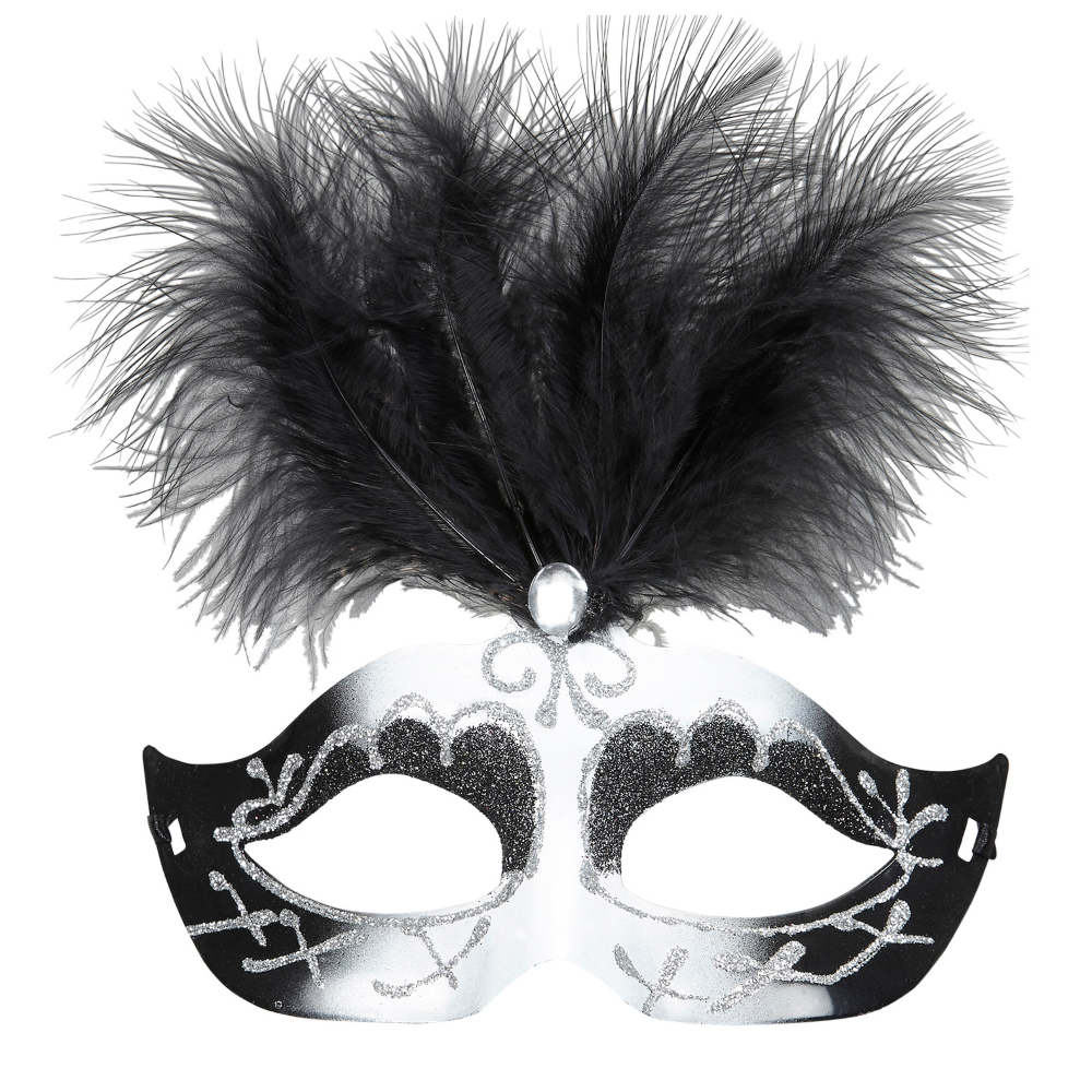 Maschera Veneziana Nera e Bianca con Gemma e Piuma Accessori Travestimento Costumi Carnevale - 03653