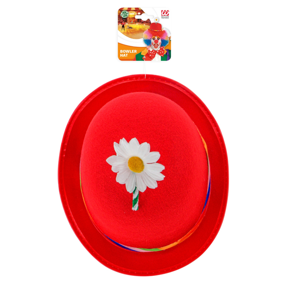 Bombetta Rossa con Fiore Clown Cappello in Feltro Accessori Abito Vestito Carnevale - 25102