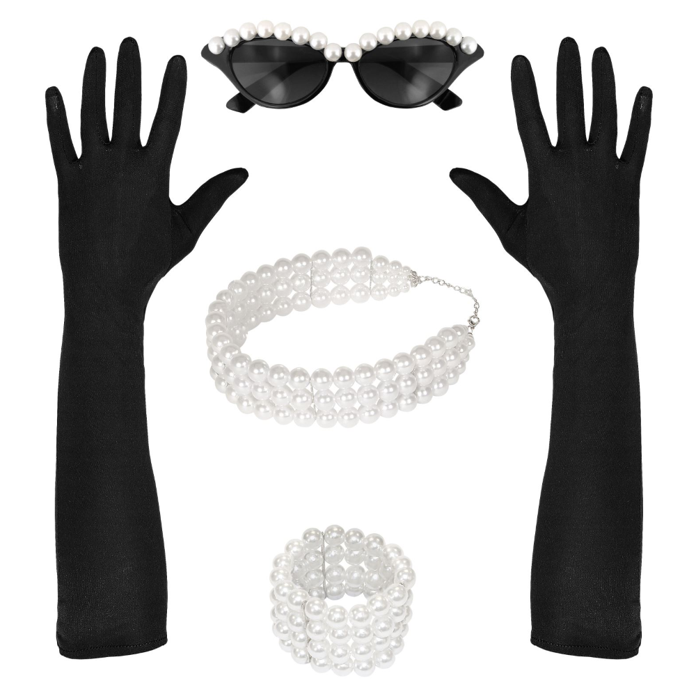 Set Travestimento Colazione da Tiffany 4 Pezzi Occhiali Guanti Girocollo Bracciale Festa Carnevale a Tema Anni '50 - 00119