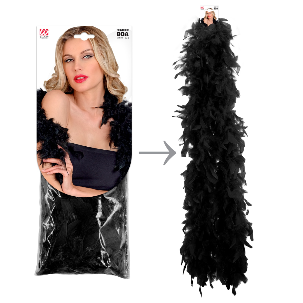 Boa con Piume Nero Accessorio per Abito Vestito Travestimento Carnevale Festa a Tema in Maschera - 0365b