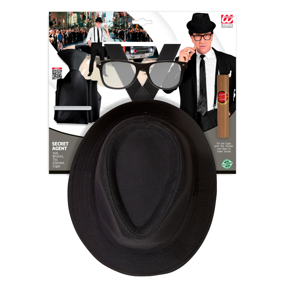 Set Travestimento Re Del Blues Gangster 5 Pezzi Cappello Occhiali Cravatta Bretelle Sigaro Accessori per Festa Carnevale a Tema - 68558