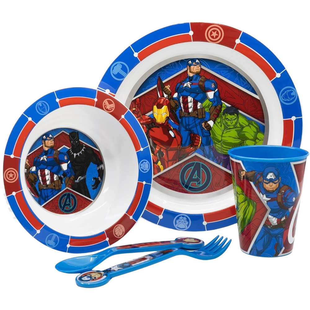 Set Pappa 5 Pezzi Avengers MARVEL Piatti Bicchiere Posate in Plastica Rigida Riutilizzabile in Confezione - 74150