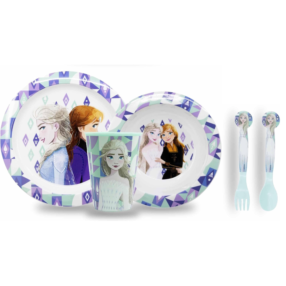 Set Pappa 5 Pezzi Frozen DISNEY Piatti Bicchiere Posate in Plastica Rigida Riutilizzabile in Confezione - 74250