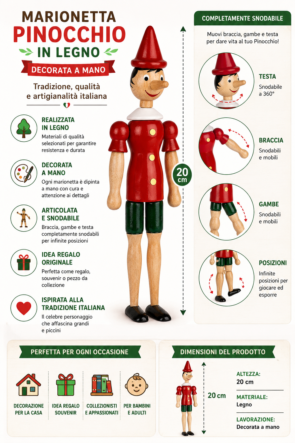 Pinocchio Burattino Marionetta Figura in Legno Snodabile Cm. 20 - 20702