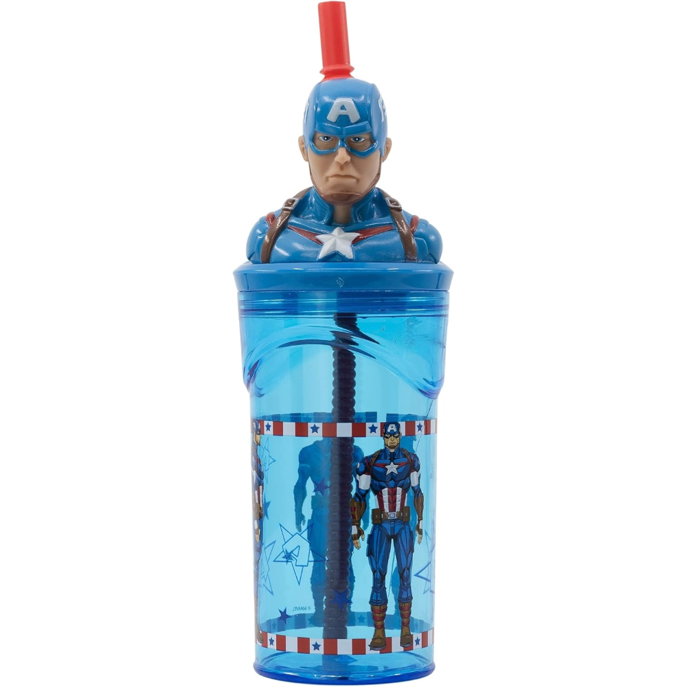 Bicchiere con Cannuccia Capitan America MARVEL Personaggio 3d Bpa Free 360 Ml - 74866